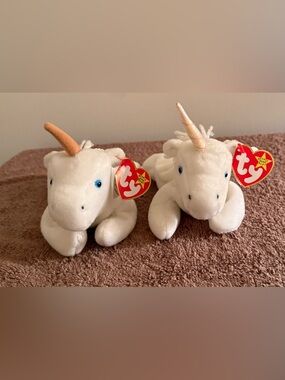 Ty Beanie Babies Retired Mystic Unicorns Set of Two NWT errors different horns